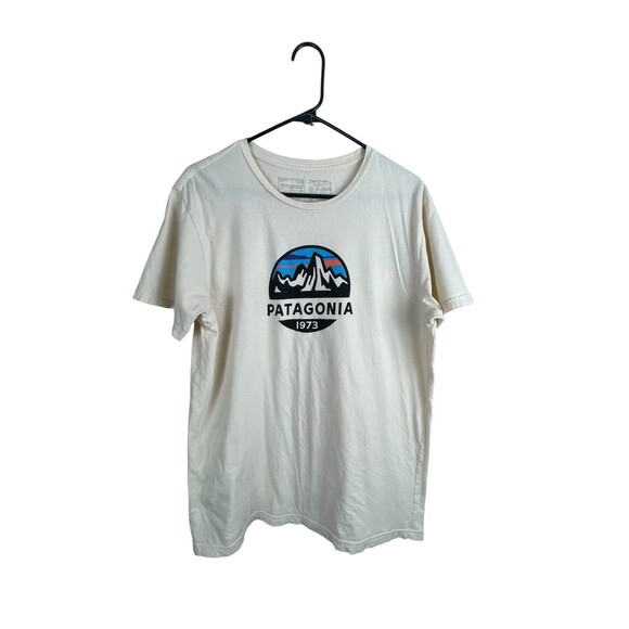 Patagonia Shirt Mens Large Slim Cream Short Sleeve Graphic Logo Organic Cotton - Picture 2 of 8